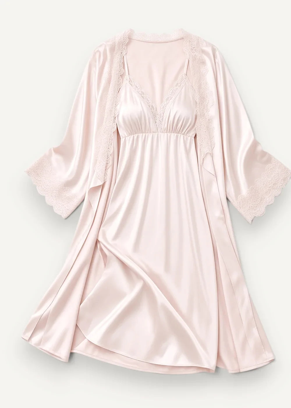 Long nightgown and robe set featuring a soft blush pink satin robe with lace trim and flowing silhouette