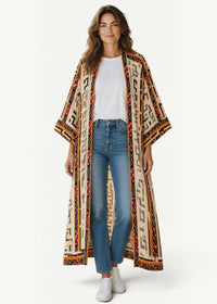 Long open front kimono beige and orange geometric patterned flowing coat with black accents for stylish layering