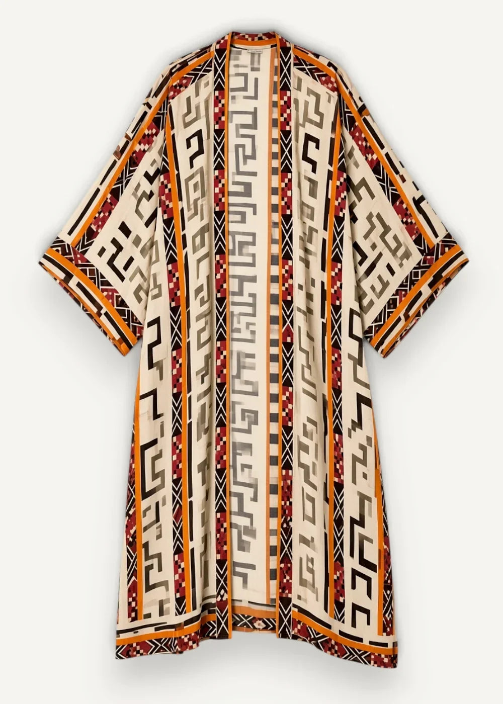 Cream-colored long open front kimono with bold black orange and red geometric patterns in traditional japanese design