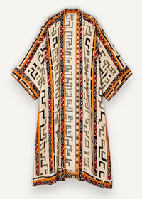 Cream-colored long open front kimono with bold black orange and red geometric patterns in traditional japanese design