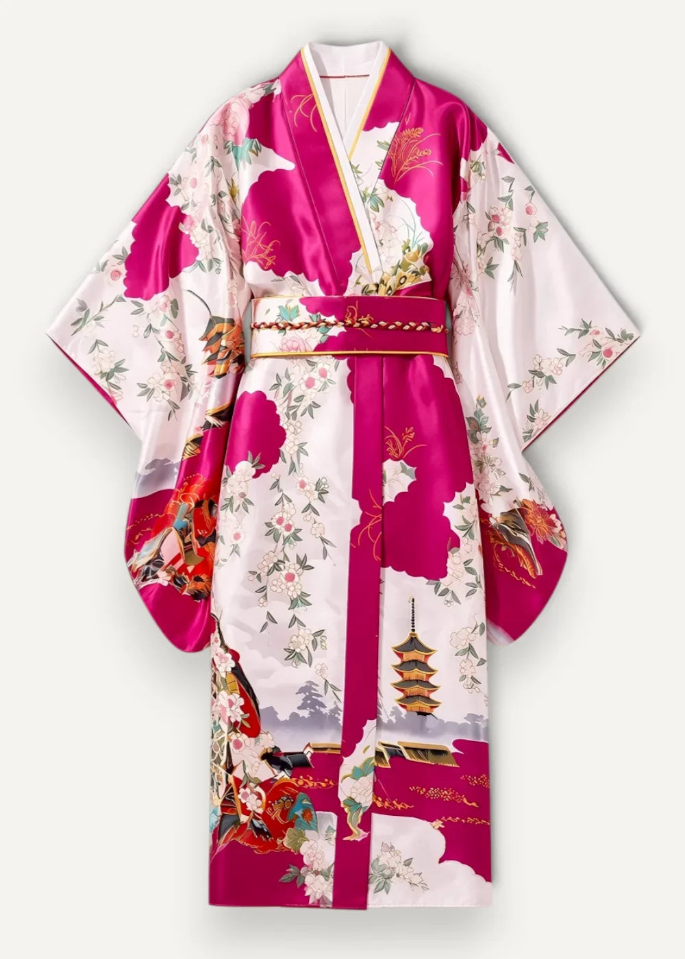 Long pink satin robe in vibrant magenta and white silk with intricate floral pagoda and traditional japanese motifs