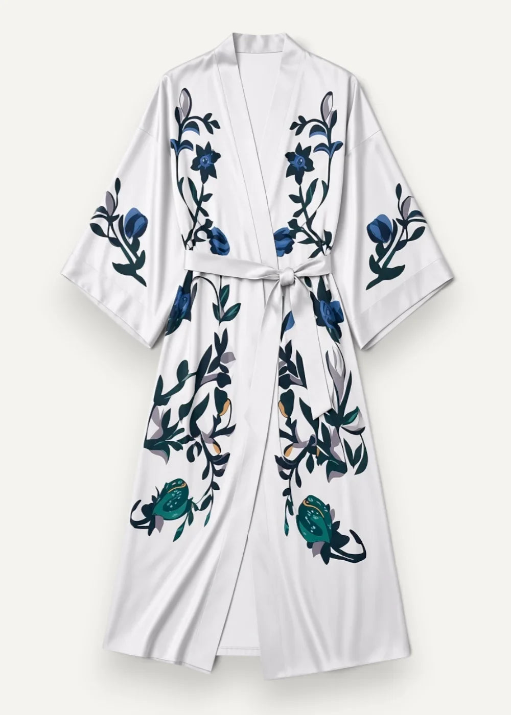Long satin kimono dressing gown in white with embroidered blue and green floral patterns on a kimono-style robe
