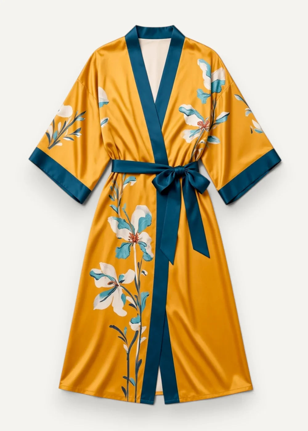 Long satin kimono robe in golden yellow with teal sash and white blue floral pattern made from smooth satin fabric