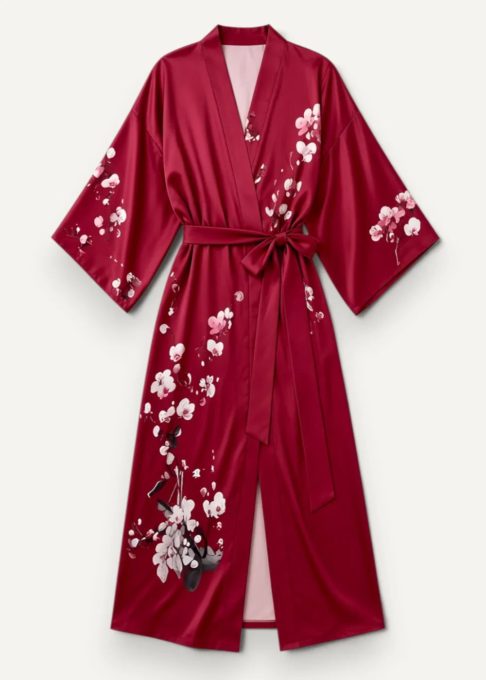 Long satin robe in rich burgundy satin with white and pink cherry blossom embroidery and matching waist belt