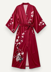 Long satin robe in rich burgundy satin with white and pink cherry blossom embroidery and matching waist belt
