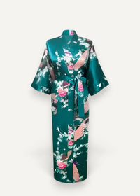 Long silk dressing robe in emerald green satin with pink white and beige floral and abstract patterns