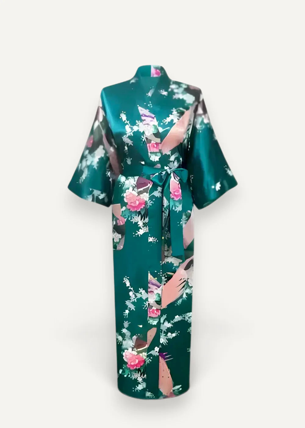 Long silk dressing robe in emerald green satin with pink white and beige floral and abstract patterns