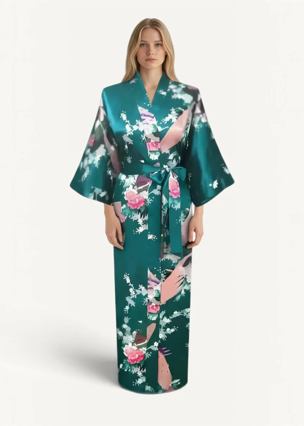 Long silk dressing robe in teal silk with floral and bird pattern featuring pink blossoms and white accents