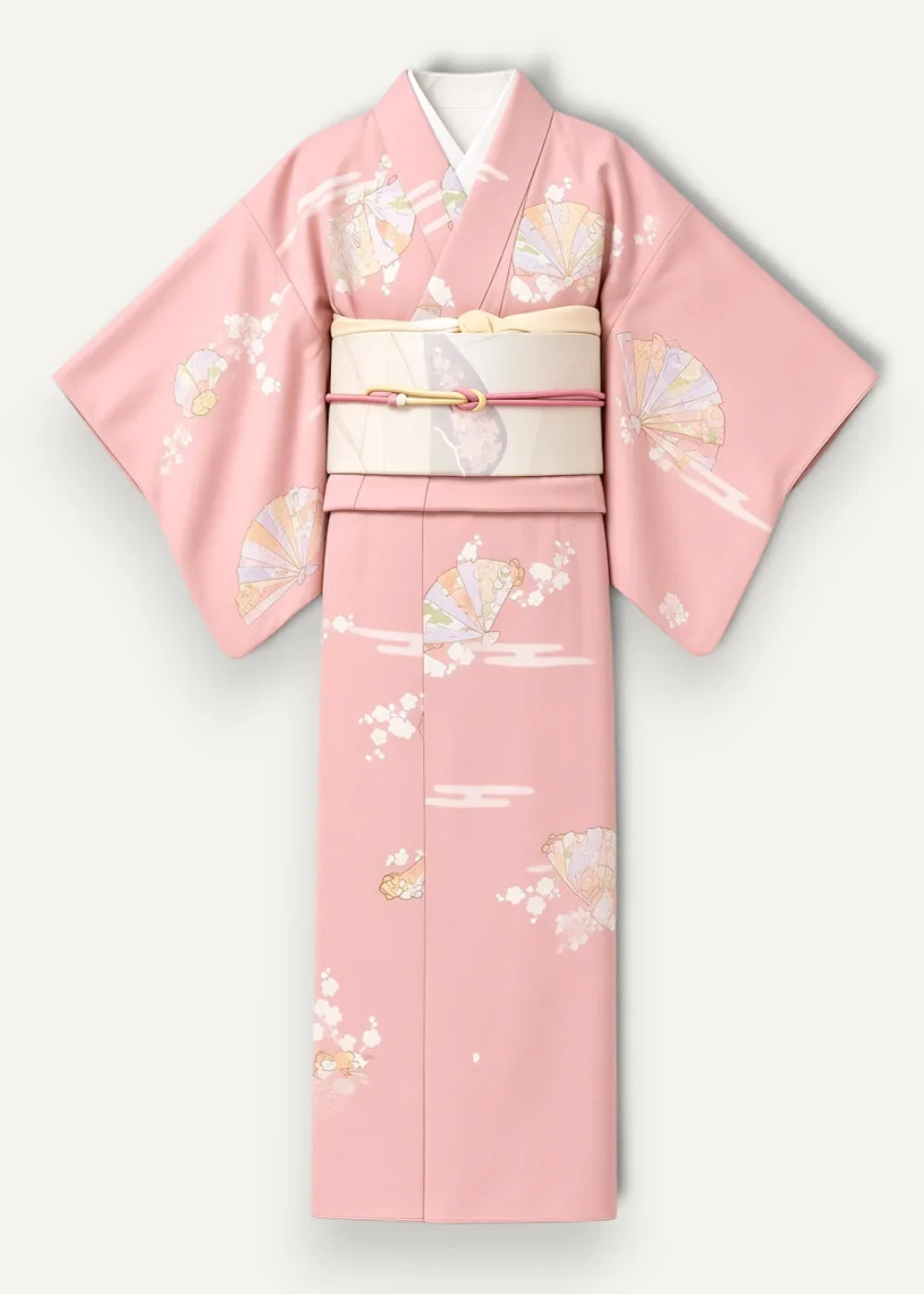 Long silk robe in delicate pink silk with fan and cherry blossom motifs and a cream-colored obi belt at the waist