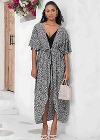 Long summer kimono black and white leopard print dress with v-neckline tie-waist and three-quarter sleeves