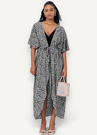 Long summer kimono black and white leopard print wrap dress with v-neckline flutter sleeves and self-tie belt