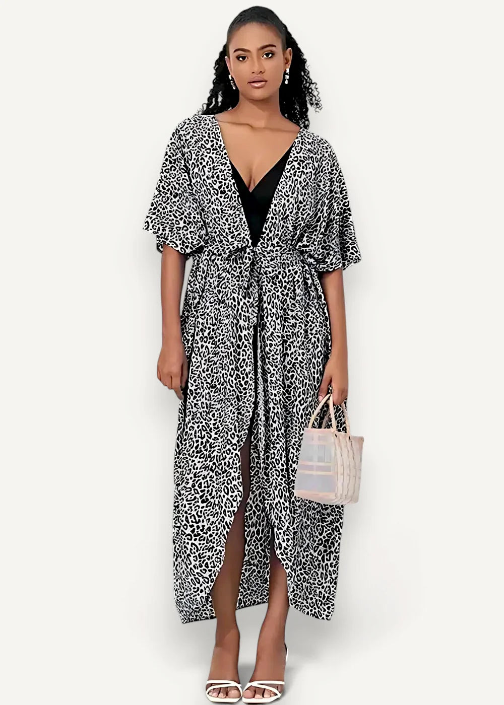Long summer kimono black and white leopard print wrap dress with v-neckline flutter sleeves and self-tie belt