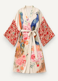 Long white kimono cover up cream silk robe with vibrant blue peacocks pink roses and red floral sleeves visible from back