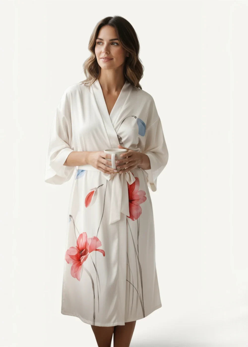 Long white satin robe featuring a flowing ivory silk fabric with vibrant pink and blue floral prints