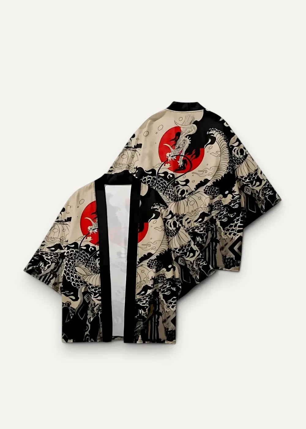 Male haori jacket featuring a beige and black japanese-style kimono design with intricate dragons and bold red motifs