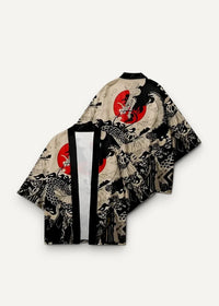 Male haori jacket featuring a beige and black japanese-style kimono design with intricate dragons and bold red motifs