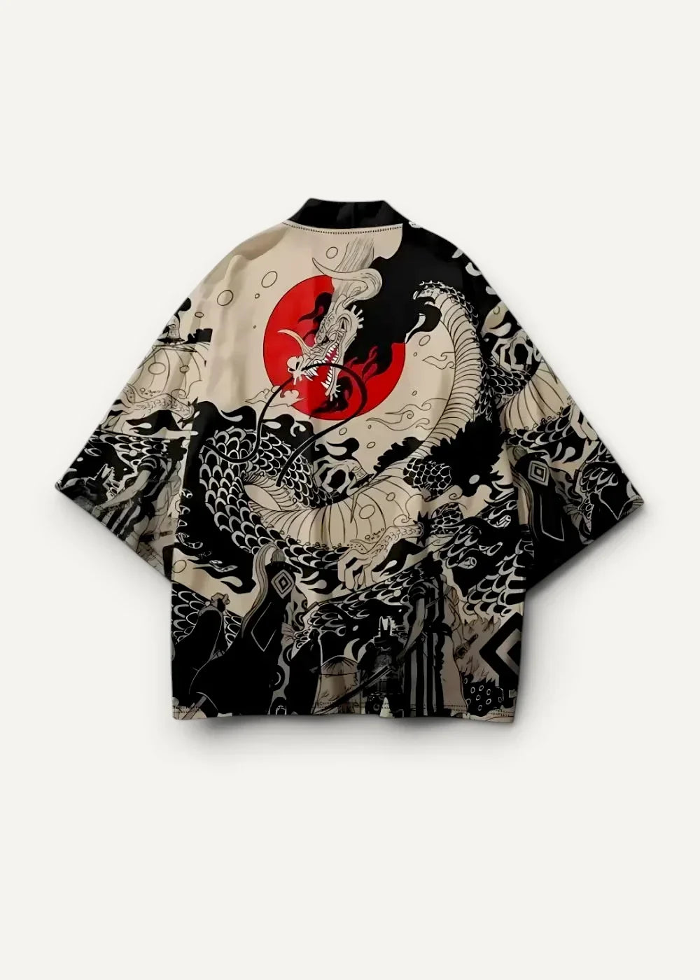 Male haori jacket in black and cream featuring an intricate dragon design with a red circular motif on the back