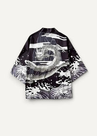 Male haori jacket in black and white fabric featuring a detailed dragon design with wave patterns on the back
