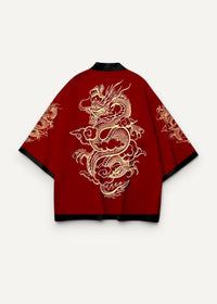Male haori jacket red kimono style with intricate gold dragon embroidery and black trim