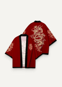Male haori jacket in red silk with gold dragon embroidery and black trim shown from the back side