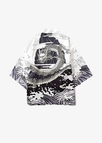 White male haori jacket featuring a detailed black and gray dragon design swirling through stylized waves on the back