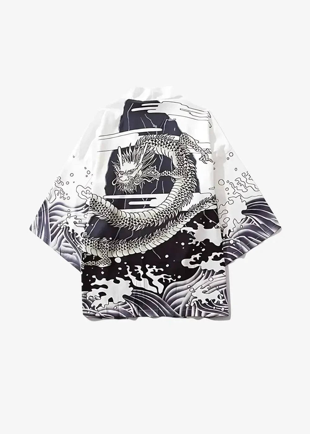 White male haori jacket featuring a detailed black and gray dragon design swirling through stylized waves on the back