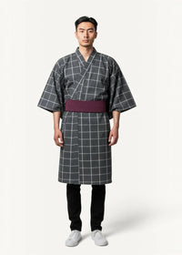 Male yukata featuring a gray checkered kimono with a solid burgundy obi belt for traditional wear