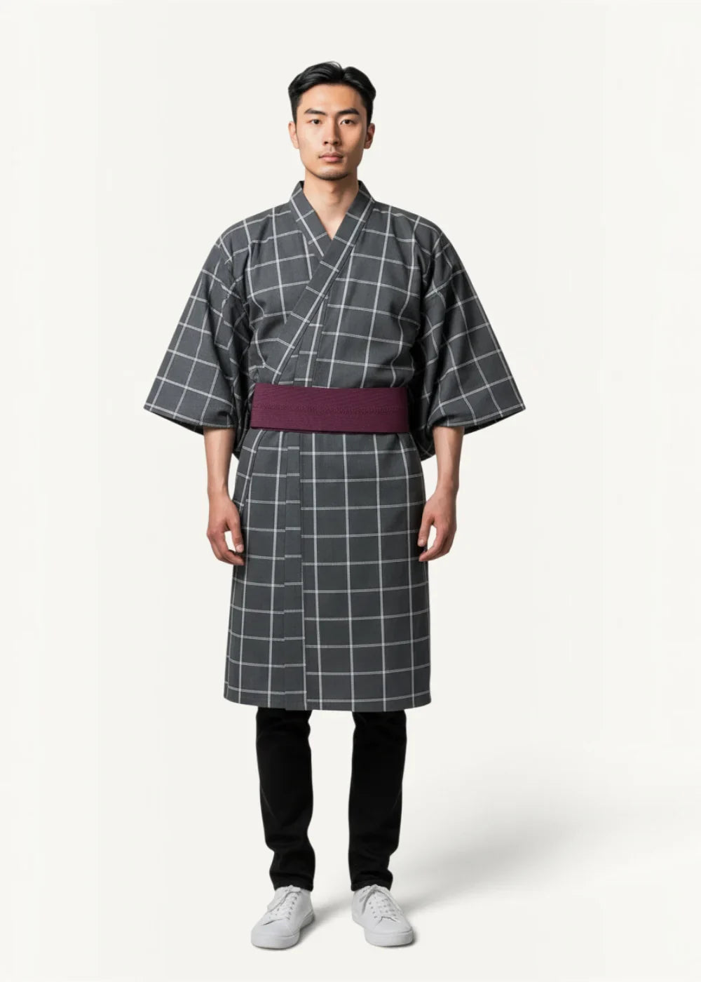Male yukata featuring a gray checkered kimono with a solid burgundy obi belt for traditional wear