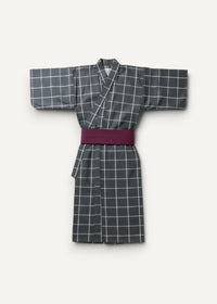 Male yukata in gray and white checkered fabric with burgundy obi belt shown from the back side