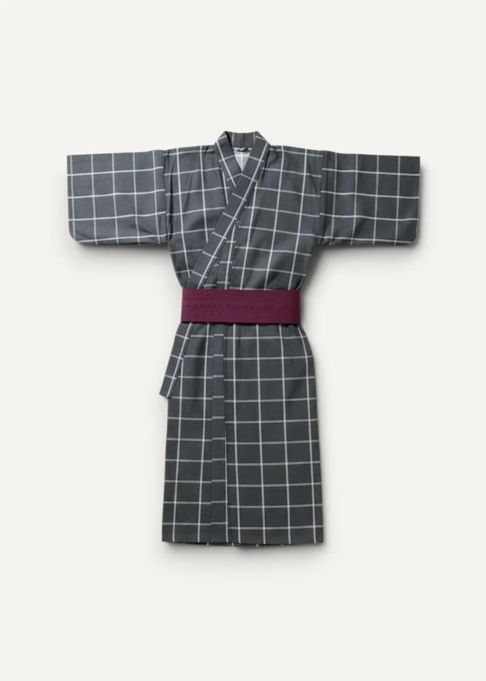 Male yukata in gray and white checkered fabric with burgundy obi belt shown from the back side