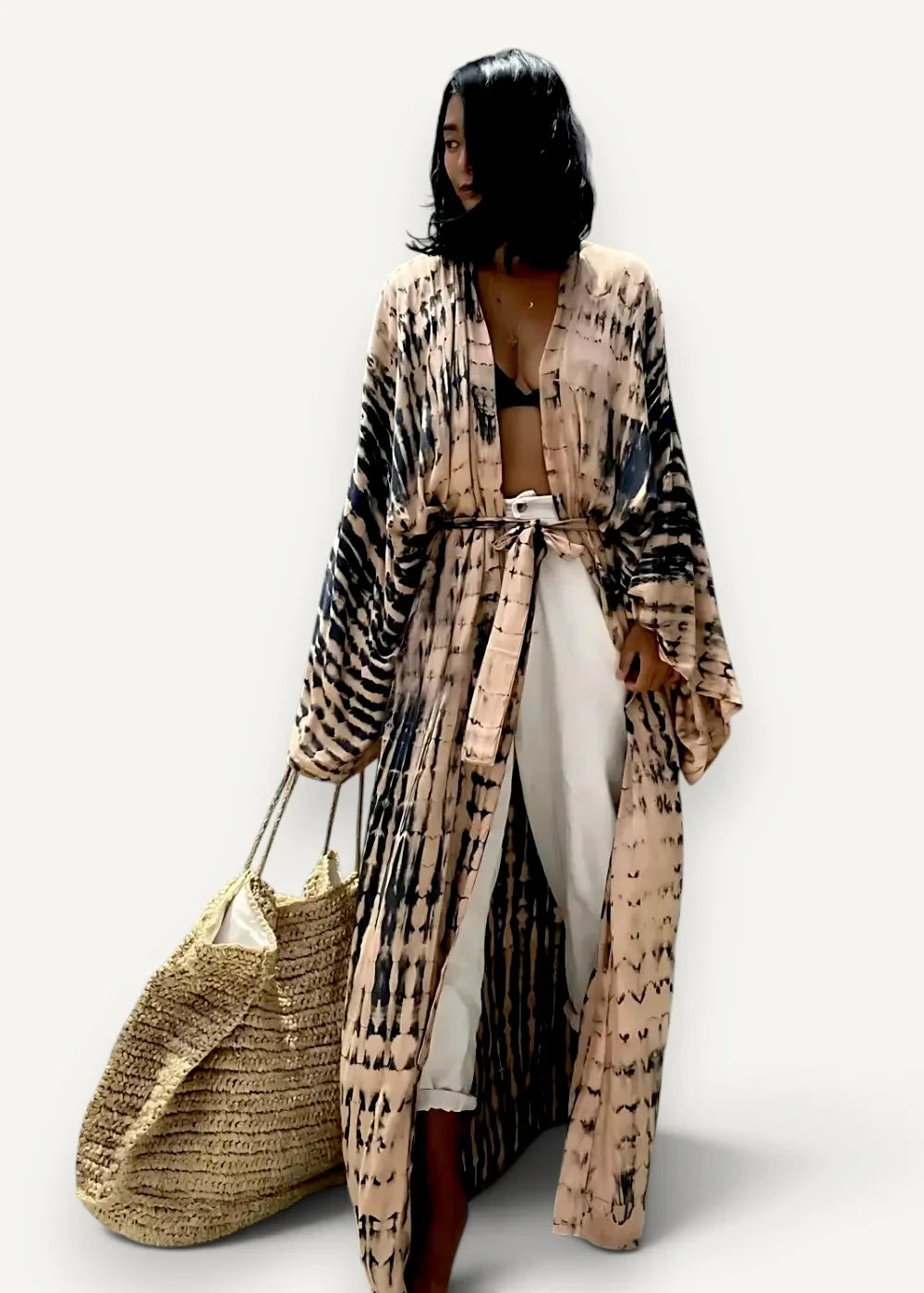 Maxi kimono cover up with long sleeves beige and black tie dye pattern made of lightweight fabric flowing design