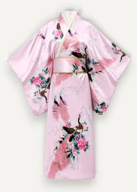 Maxi satin robe in delicate pink with elegant peacock and floral motifs and a matching satin obi belt