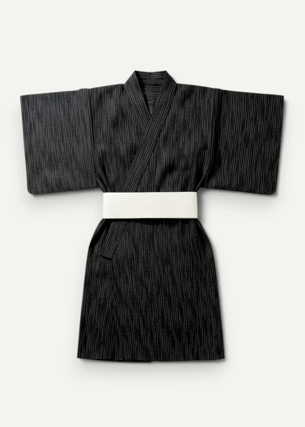 Men’s black kimono with black stripes featuring a crisp white obi belt for traditional wear