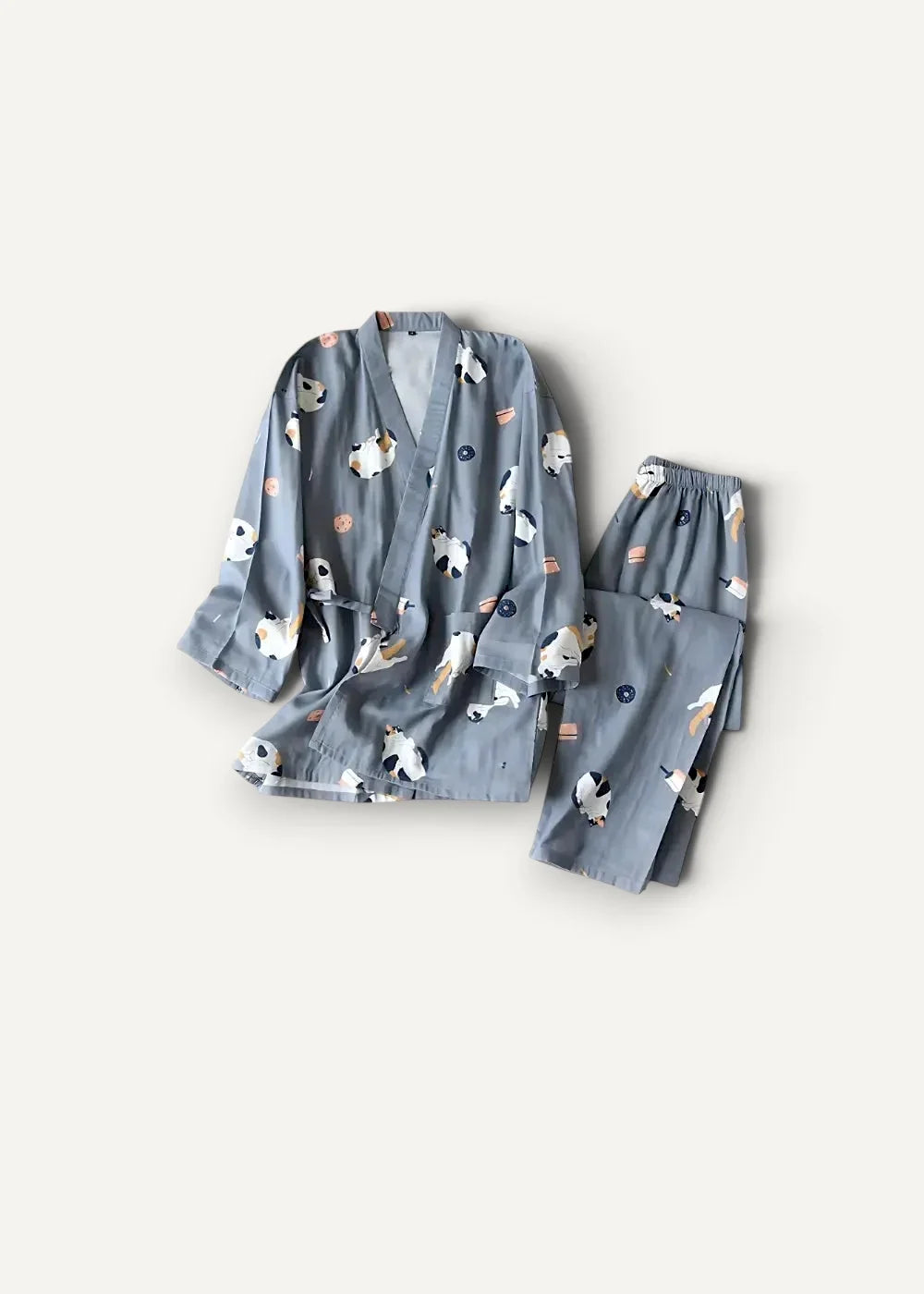 Men’s Japanese kimono pajamas in gray featuring a playful cartoon panda pattern with small circular motifs