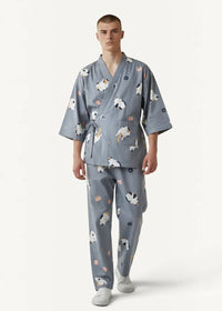 Men’s japanese kimono pajamas in gray with playful white and black cat pattern orange circles and blue dots
