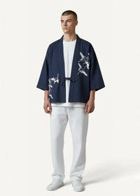 Men’s kimono jacket in navy blue with white embroidered crane design and drawstring waistband