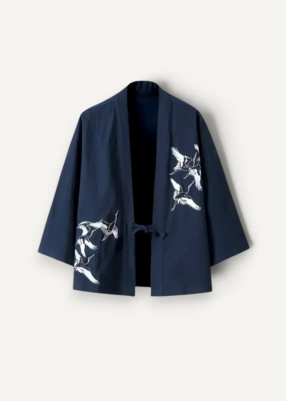 Men’s navy blue kimono jacket with white crane embroidery on sleeves and front in lightweight fabric