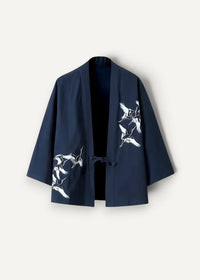 Men’s navy blue kimono jacket with white crane embroidery on sleeves and front in lightweight fabric