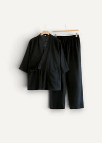 Men's kimono pajamas in black cotton, a kimono style top with matching wide leg pants