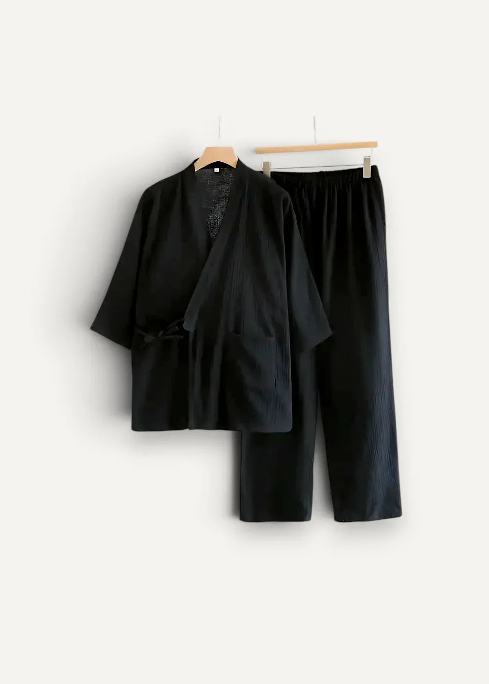 Men's kimono pajamas in black cotton, a kimono style top with matching wide leg pants