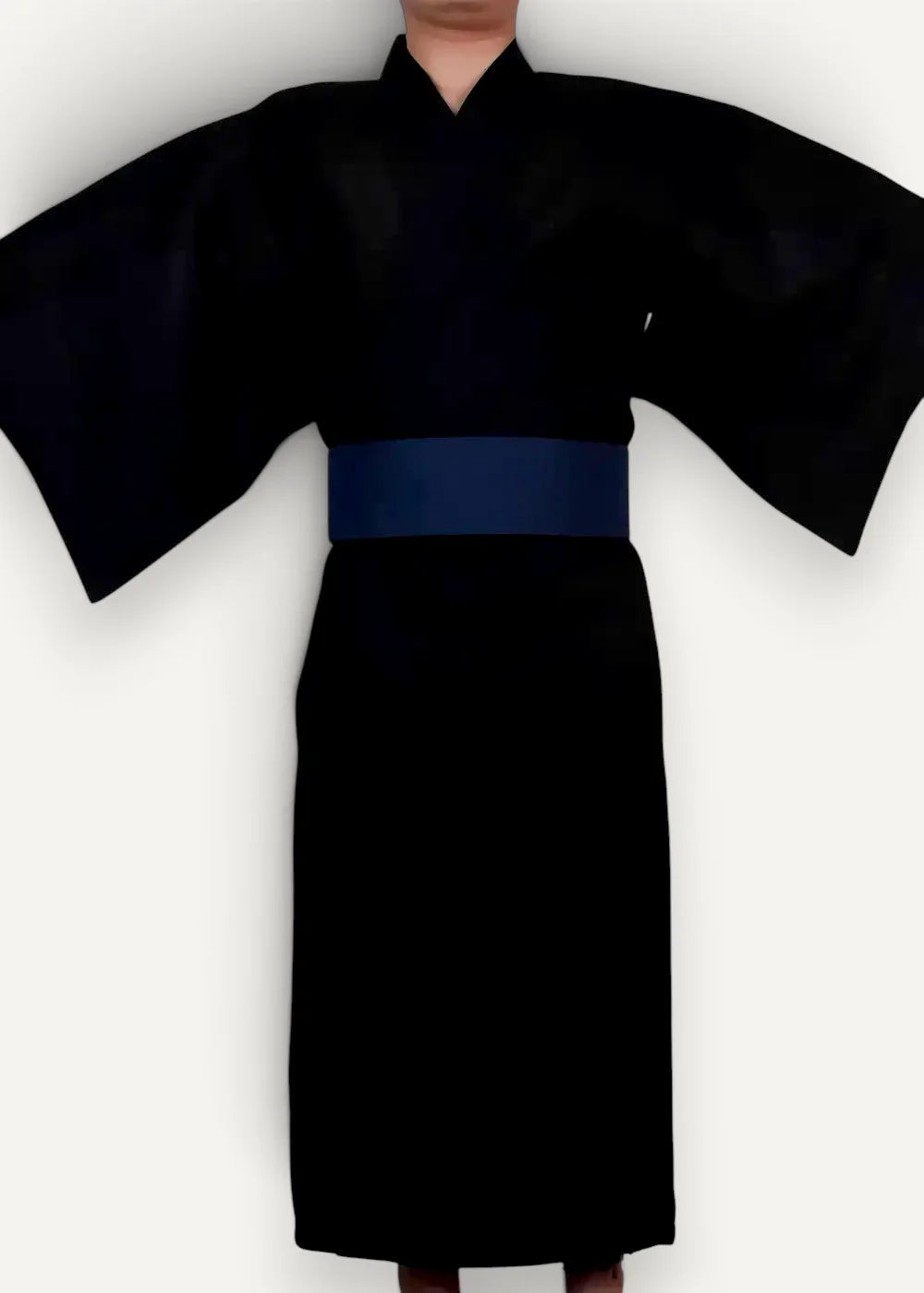 Men’s kimono traditional black with wide sleeves made of silk featuring a contrasting navy blue obi belt