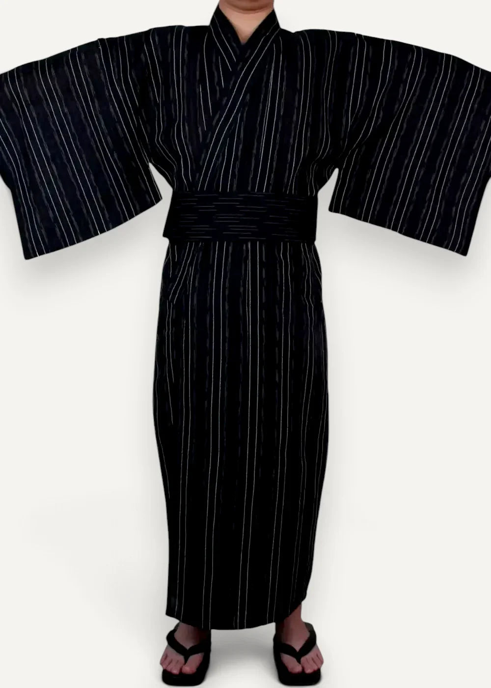 Men’s kimono traditional black fabric with white vertical stripes and matching belt front view