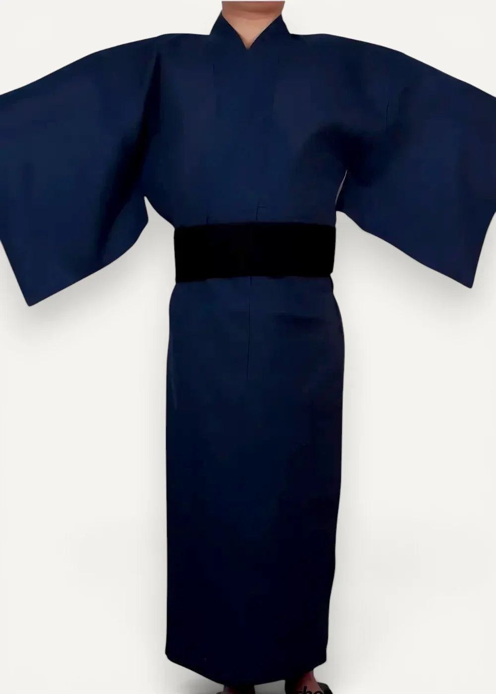 Men’s kimono traditional deep navy blue with wide flowing sleeves and contrasting black obi belt front view
