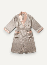 Men’s satin kimono robe in soft taupe with subtle geometric pattern and rose gold trim on collar cuffs and pockets