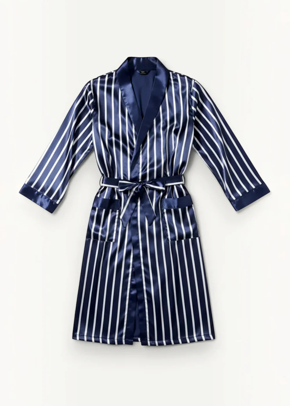 Men’s satin robe in navy blue and white vertical stripes with matching belt for comfortable lounging