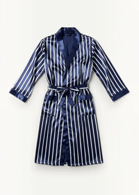 Men’s satin robe in navy blue and white vertical stripes with matching belt for comfortable lounging