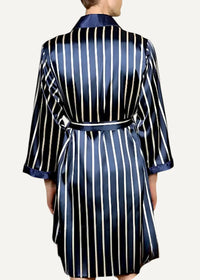 Men’s satin robe in navy blue and white vertical stripes with a matching belt made of smooth satin fabric