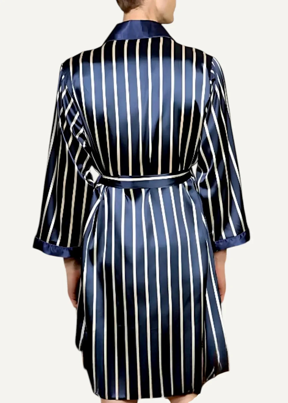 Men’s satin robe in navy blue and white vertical stripes with a matching belt made of smooth satin fabric