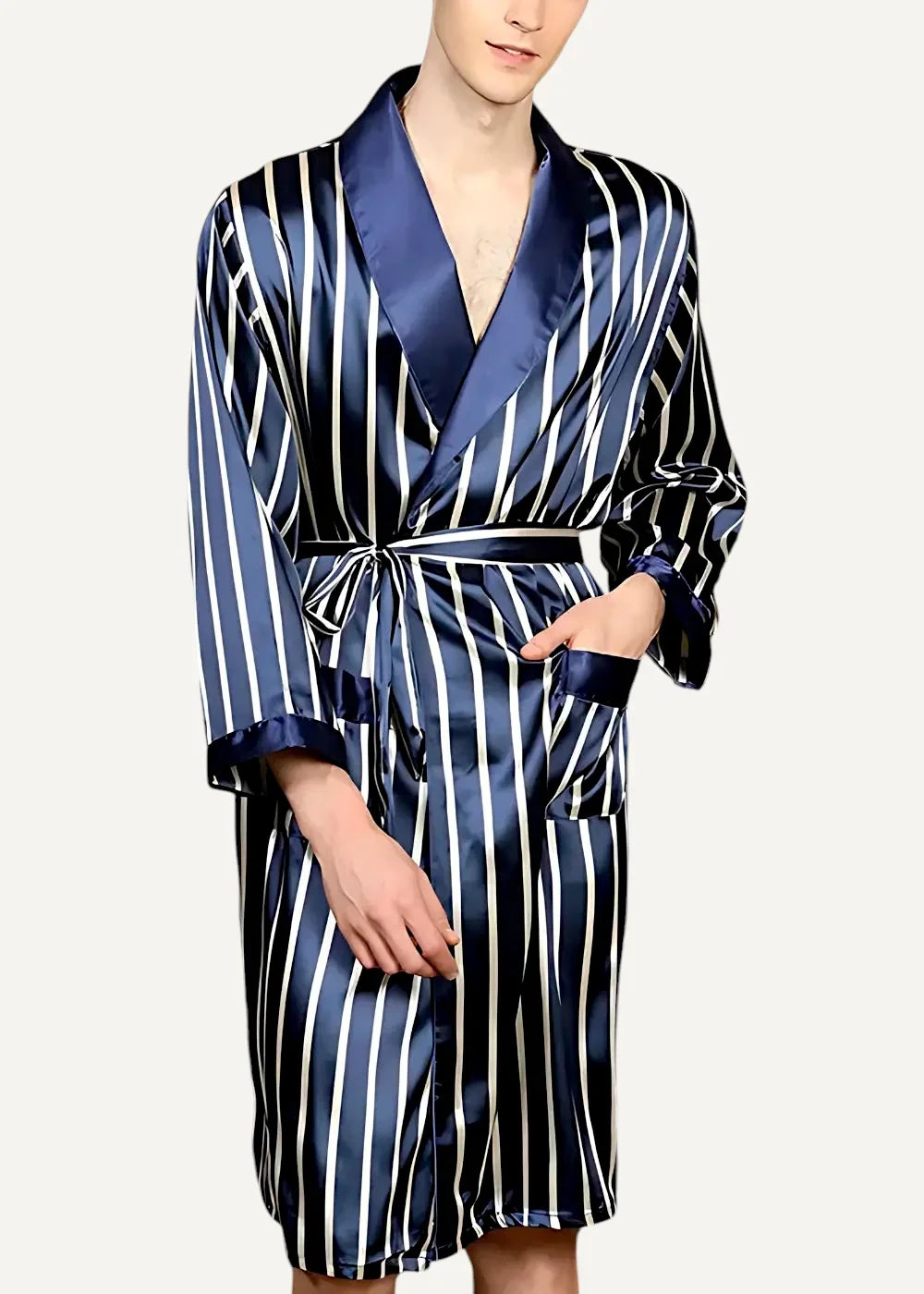 Men’s satin robe in navy blue and white vertical stripes with matching belt made of smooth satin fabric