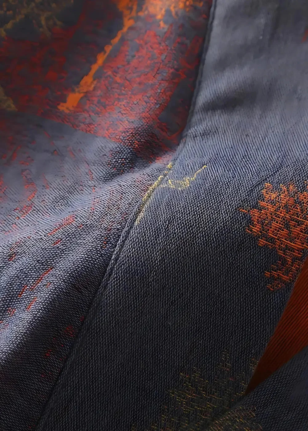 Dark blue men’s silk dressing robe with intricate orange and gold embroidered patterns on silk fabric